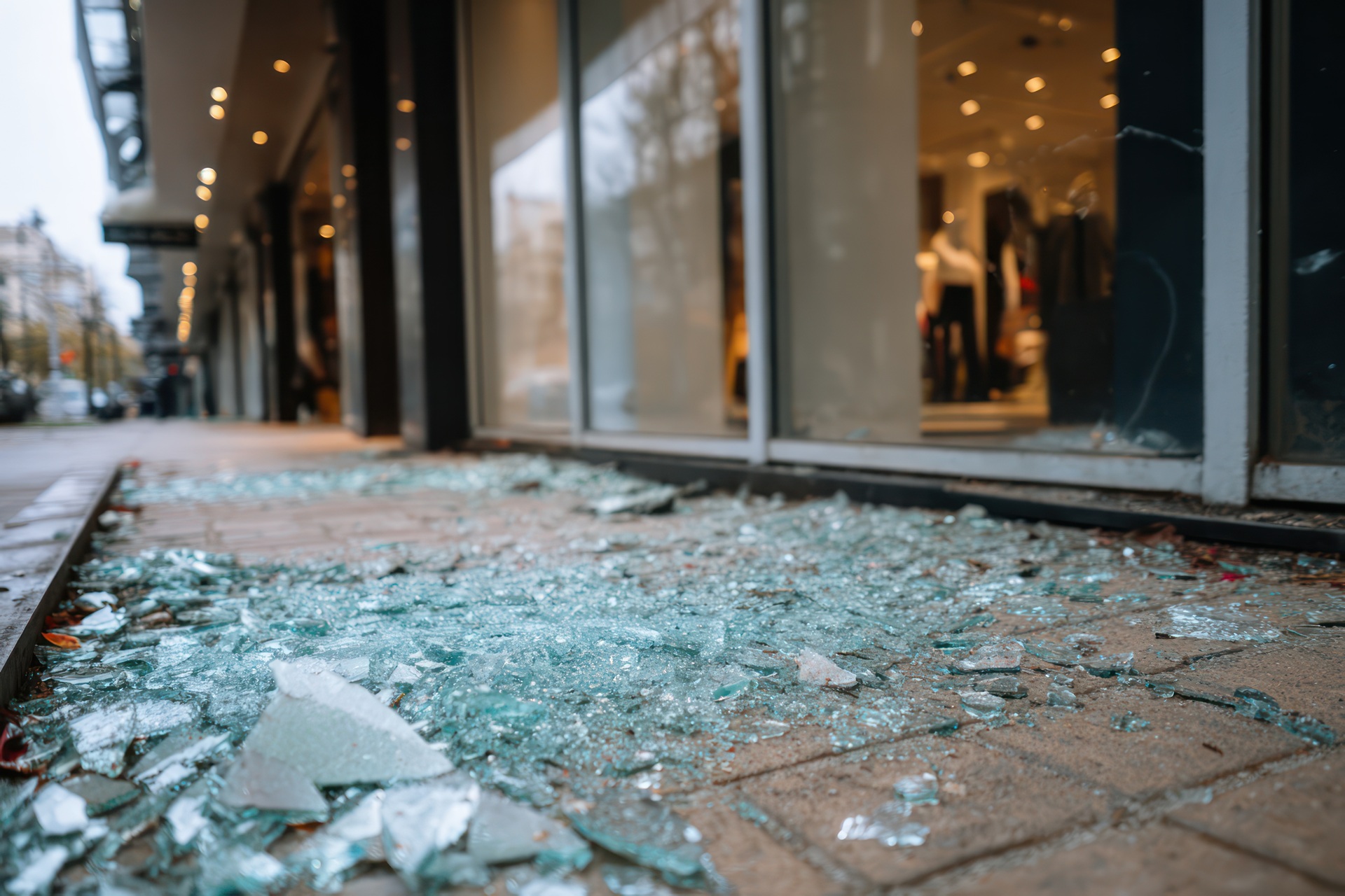 Image of a shattered business window needing glass repair